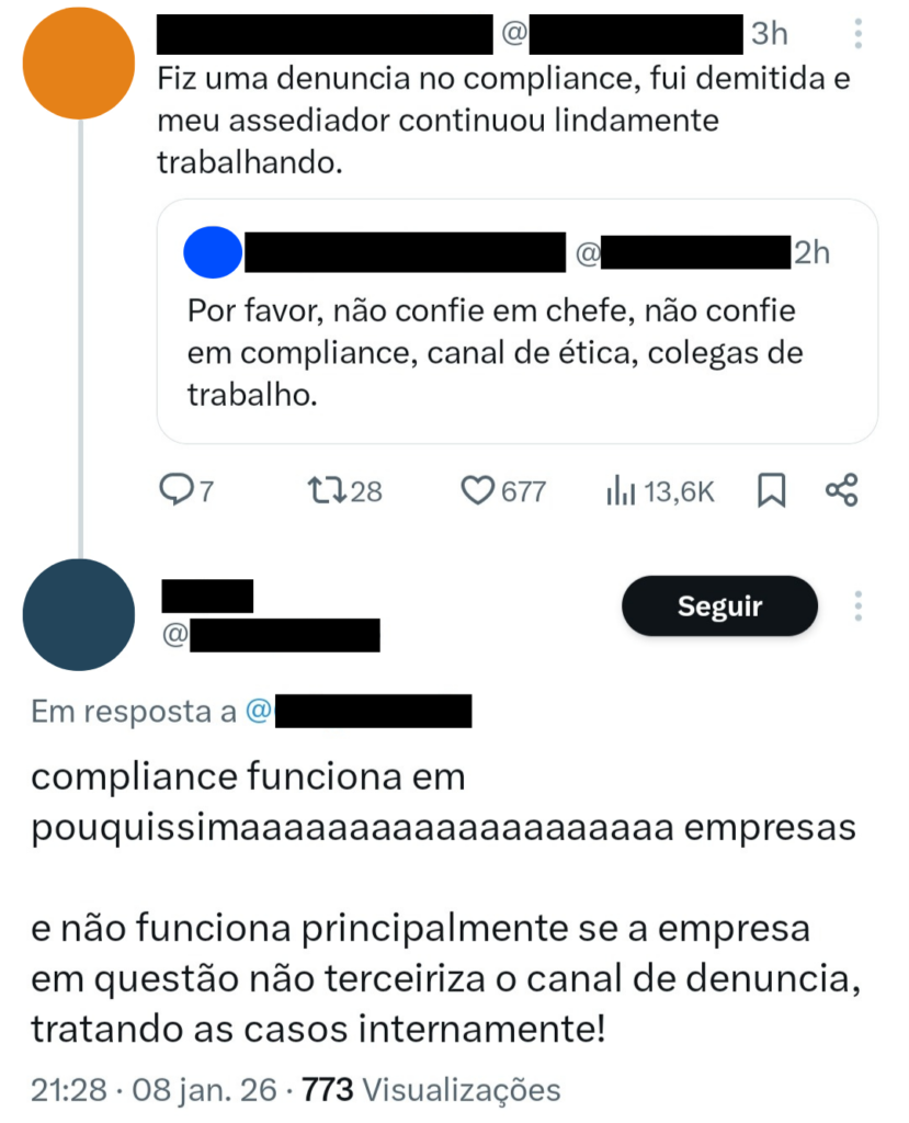 Print de comentários nas redes sociais relatando medo de denunciar, retaliação após denúncia de assédio e falta de confiança em canais de ética e compliance, falta de cultura de integridade nas empresas