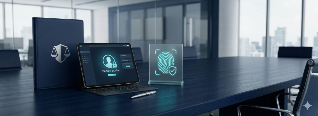 Uma fotografia corporativa B2B de uma pasta de couro azul marinho com um emblema de balanças de justiça e um escudo, ao lado de um tablet que exibe um portal seguro e um scanner de impressão digital com um checkmark, simbolizando confidencialidade, anonimato e proteção legal ao denunciante em um escritório moderno.