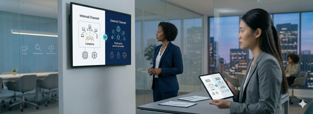 Uma fotografia corporativa B2B de duas profissionais (as mulheres negras de blazer marinho e asiática de blazer cinza reconhecíveis) em um escritório pod moderno. O monitor interativo na parede está dividido em duas metades distintas, apresentando uma comparação visual entre o modelo de 'Canal Interno' (rede local integrada, equipe interna) e o modelo de 'Canal Externo' (rede global criptografada, provedor de serviços terceirizado). A paleta de cores é azul marinho e branco, com acentos tecnológicos.