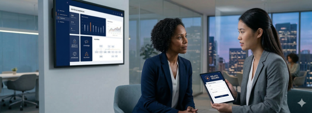 Fotografia de duas executivas, uma negra com blazer marinho e uma asiática com blazer cinza, conversando em um escritório moderno. A mulher asiática segura um tablet que exibe o aplicativo 'Relato Seguro' com um logotipo de escudo e cadeado. Um monitor de parede atrás delas exibe um dashboard corporativo intitulado 'Gestão de Denúncias' em português, com gráficos e organogramas. Outros funcionários trabalham ao fundo, desfocados, sob luz de escritório moderna.