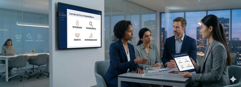 Uma equipe corporativa diversa colabora em um escritório moderno. Monitor de parede e tablet exibem 'CULTURA DE ÉTICA E TRANSPARÊNCIA' e valores de Integridade, Transparência, Respeito e Responsabilidade. Estilo corporativo profissional B2B.