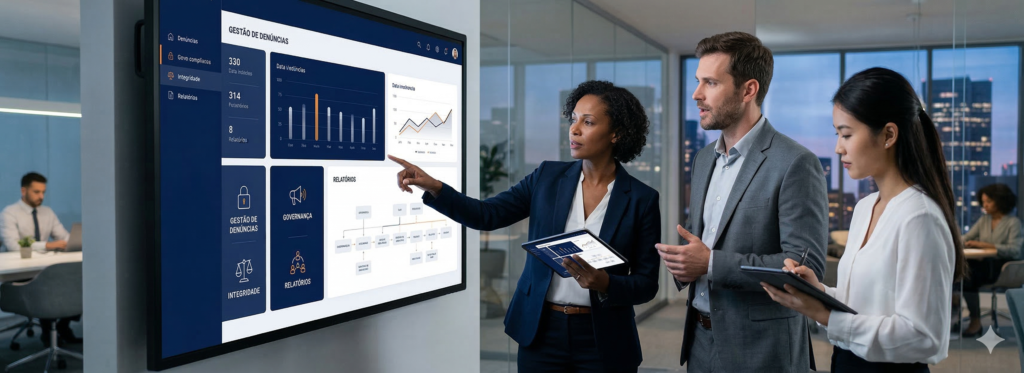 Profissionais de compliance analisam painel digital de gestão de denúncias corporativas em escritório moderno, simbolizando governança e integridade.