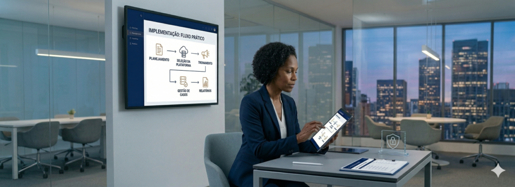 Uma profissional (a mulher negra reconhecível de blazer marinho) sentada em um escritório moderno, olhando atentamente para um grande monitor na parede que exibe um fluxograma digital de 'IMPLEMENTAÇÃO: FLUXO PRÁTICO'. Ela segura um tablet que espelha a interface, enquanto seu braço está estendido como se estivesse editando o processo. Na mesa, há um documento de checklist e um pequeno ícone de escudo e cadeado para anonimato. A estética é profissional, tecnológica e predominantemente azul marinho.