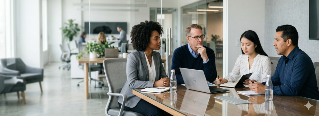 Reunião em escritório moderno com quatro profissionais diversos analisando informações em um notebook e tablet, em ambiente colaborativo e corporativo, transmitindo foco, tomada de decisão e discussão estratégica sobre o ambiente de trabalho.