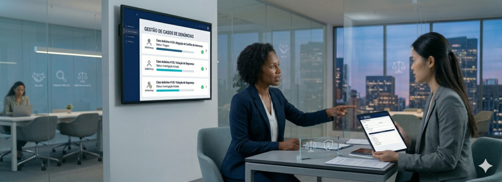 Uma fotografia corporativa B2B de duas profissionais (as mulheres negras de blazer marinho e asiática de blazer cinza reconhecíveis) em um escritório pod moderno. O monitor interativo na parede exibe um dashboard minimalista de 'GESTÃO DE CASOS DE DENÚNCIAS', mostrando uma lista simplificada de casos anônimos com barras de progresso de investigação e status (ex: 'Triagem', 'Investigação Iniciada'), cada um com um pequeno ícone de anonimato e fluxo de trabalho. A profissional asiática segura o tablet, que exibe uma visão detalhada ou tarefa específica para um caso, enquanto a profissional negra aponta para o monitor principal, discutindo as prioridades. Neatly arranged papers, a stylus, and a simplified glass plaque with a balance scale icon and a confidentiality shield icon are on the desk. O ambiente é confidencial, tecnológico e institucional.