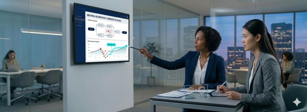 Uma fotografia corporativa B2B de duas profissionais (as mulheres negras de blazer marinho e asiática de blazer cinza reconhecíveis) em um escritório pod moderno. Focadas em um monitor de parede que exibe um 'MELHORIA DE PROCESSO E CORREÇÃO DE FALHAS' com gráficos de dashboard interativo de fluxo. O gráfico mostra uma linha de desempenho com um desvio claro (erro/falha) que está sendo corrigido por uma linha de controle suave e ascendente, com uma profissional negra usando uma stylus para ajustar os pontos de controle na tela para evitar erros na implementação do canal de denúncias. Papéis, stylus e a placa de vidro com um ícone de engrenagem alinhada e seta ascendente estão na mesa. O ambiente é contemporâneo, tecnológico e institucional. A paleta é azul marinho e branco, com acentos de ciano tecnológico. Sem texto nas imagens. Composição horizontal limpa e equilibrada.