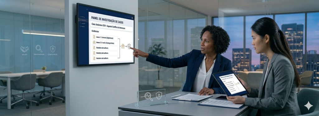 Uma fotografia corporativa B2B de duas profissionais (as mulheres negras de blazer marinho e asiática de blazer cinza reconhecíveis) em um escritório pod moderno. Focadas juntas em um monitor de parede que exibe um 'PAINEL DE INVESTIGAÇÃO DE CASOS' e um tablet com relatórios detalhados de evidências (e-mails, contratos). A profissional negra aponta para o monitor principal, discutindo a conexão entre as evidências, para conduzir uma investigação corporativa eficaz de denúncia de forma confidencial.