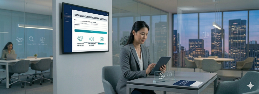 Profissional de blazer cinza utilizando tablet para submissão confidencial em canal de denúncias, com monitor confirmando proteção de identidade e incentivo ao uso seguro do canal de denúncias.