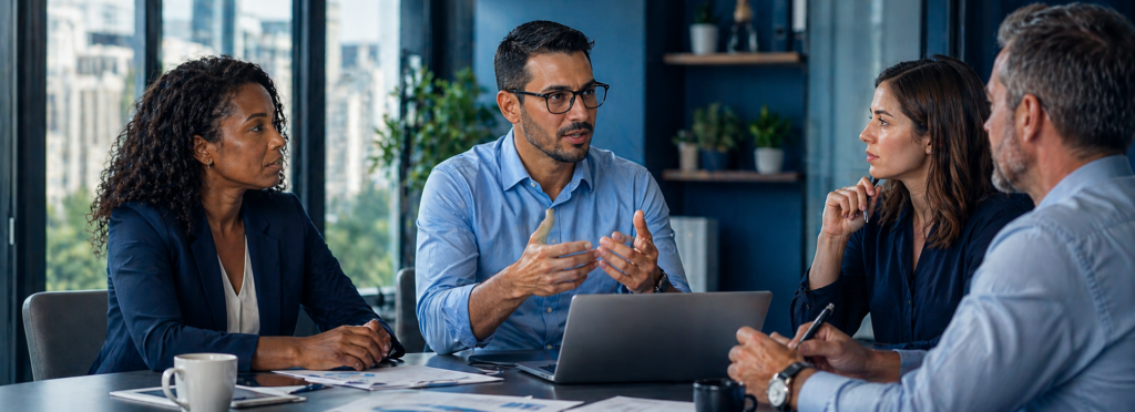 Reunião corporativa sobre gestão de riscos psicossociais conforme a NR-1 em ambiente de escritório