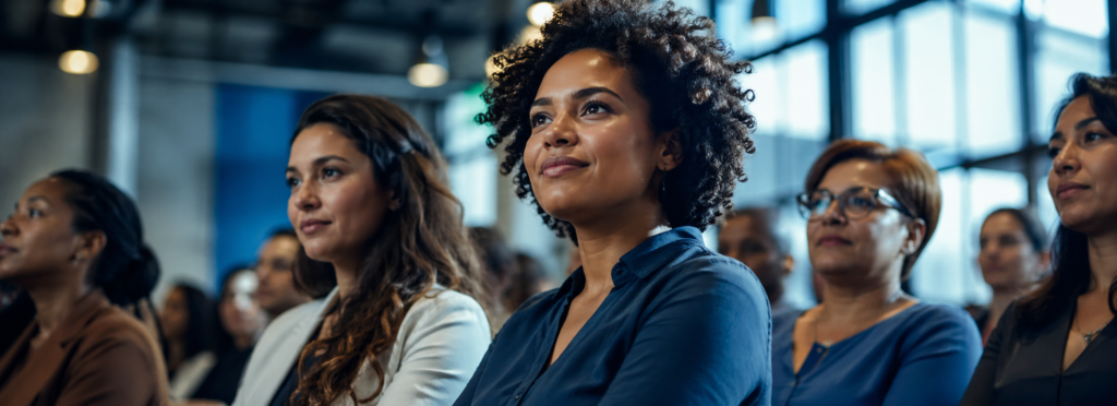 Mulheres em ambiente corporativo assistindo a uma apresentação, com diversidade de perfis em cenário profissional moderno na América Latina, iluminação natural e tons em azul, representando colaboração, empreendedorismo feminino e ambiente seguro de trabalho.
