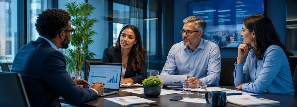 Profissionais diversos discutem ESG e compliance em reunião corporativa, com análise de dados, relatórios e elementos de sustentabilidade em ambiente moderno.