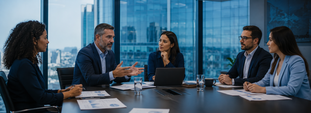 Equipe executiva em reunião de governança corporativa, discutindo estratégias e indicadores em ambiente corporativo moderno, com vista urbana e predominância de tons azuis.