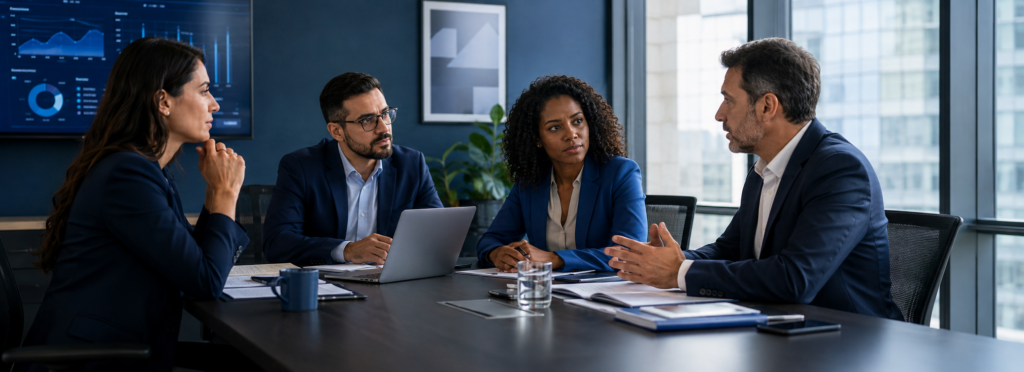 Profissionais em reunião corporativa discutem compliance e canal de denúncias em escritório moderno, com laptop, relatórios e painel de indicadores ao fundo, em ambiente com predominância de tons azuis.