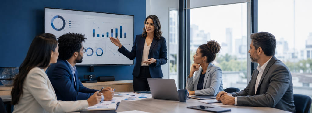 Profissionais de compliance analisam indicadores, metas e retorno do canal de denúncias em painel corporativo.